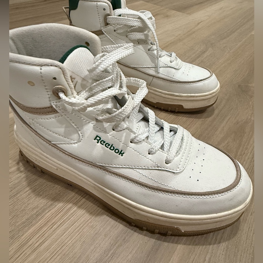 Reebok White High-Top Sneakers with Green Logo and Tan Trim